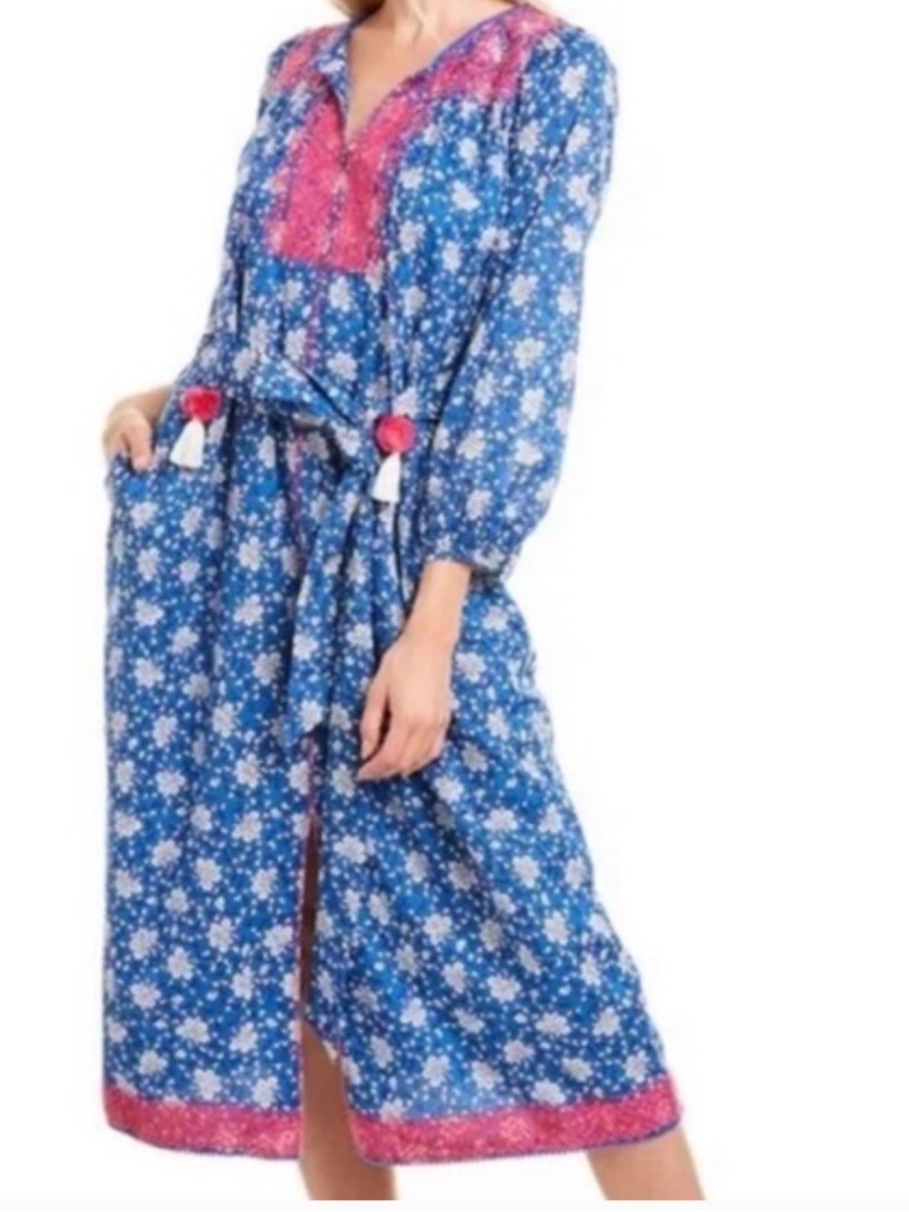 J Crew Tulum Embroidered Midi Dress Blue Pink Floral Tassel Cotton XS